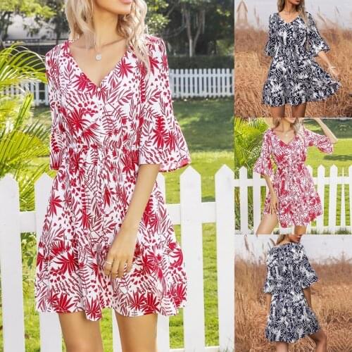 WomenS Retro Print V-Neck Strap Flared Sleeve Dress