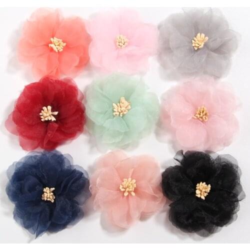 10PCS 6CM 2.3" Artificial Chiffon Flowers Boutique Patch Applique Wedding Dress Fabric Flowers Bride Clothes Headwear Decoration
