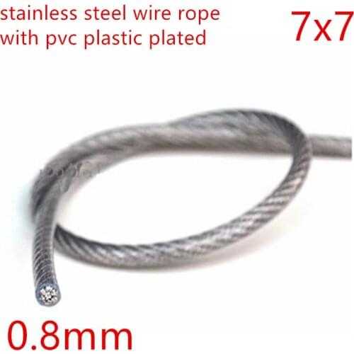 50M/Roll 0.8mm 7*7 304 Stainless Steel Wire Rope Overall Dia. 0.8MM PVC Plastic Coated wtih 7x7 0.6MM SS304 Wire Rope Inside