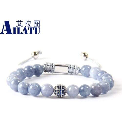 Ailatu Brand Jewelry Wholesale 8mm Natural Blue & White Howlite Marble Stone Beads Blue Cz Mens Beaded Macrame Bracelet