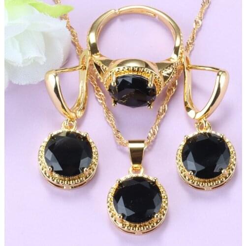 Big Discount Sell African Women Wedding Gold Color Jewelry Sets Round Black Zirconia Dangle Earrings Necklace Bridal Costume