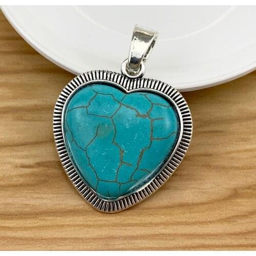 1 Piece Large Heart Love & Faux Turquoise Stone Tibetan Silver Charms Pendants for Necklace Jewellery Making 59x42mm