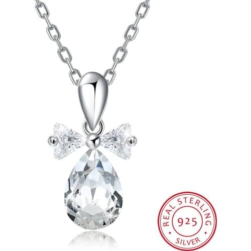 LEKANI Crystal Women bow Necklace Water Drop Shaped Pendant Necklace 925 sterling silver Fine Jewelry Collares