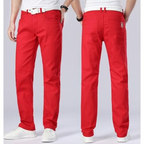 Jeans For Men Straight Trousers Male High Quality Red Slim Fit Sweatpants Denim Designer Casual Biker Pants Pantalon Hombre