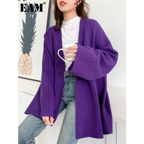 [EAM] Purple Big Size Knitting Cardigan Sweater Loose Fit V-Neck Long Sleeve Women New Fashion Tide Autumn Winter 2021 1DA708