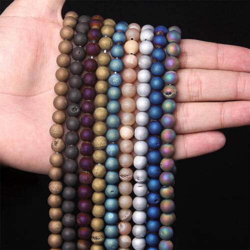 Natural Stone Matte Blue Metallic Coated Druzy Agates Loose Spacer Beads for Jewelry Making DIY Bracelet Necklace 6 8 10 12mm