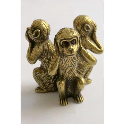 Delicate Interesting Old-style Brass Carved Lifelike Three Monkeys Statue Auspicious Pendant