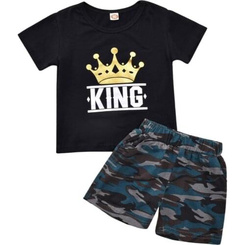 Summer Boys Clothes Sets Toddler Crown Letter Printing Round Collar Short Sleeve Tops + Camouflage Shorts 2pcs Summer Outfits