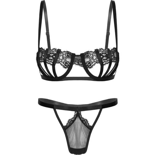Womens Erotic Lingerie Set Underwear Lace Decor Strappy Nightwear Hollow Out Underwire Bra with T-back G-string Briefs Panties