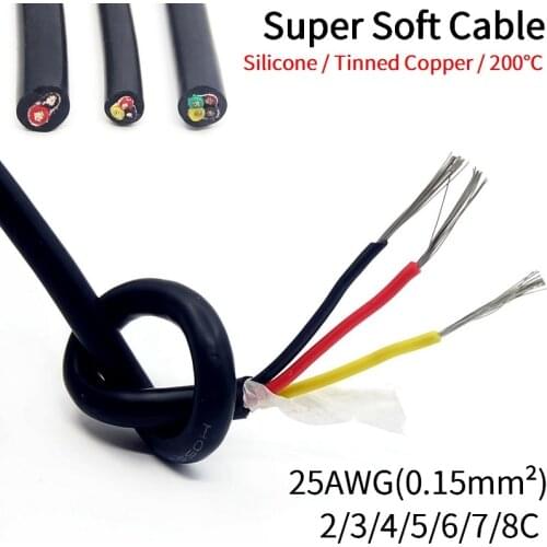1M Sheath Wire 25AWG Silicone Rubber Super Soft 2 3 4 5 6 7 8 Multi Cores Flexible Insulated Power Cord Signal Copper Cable
