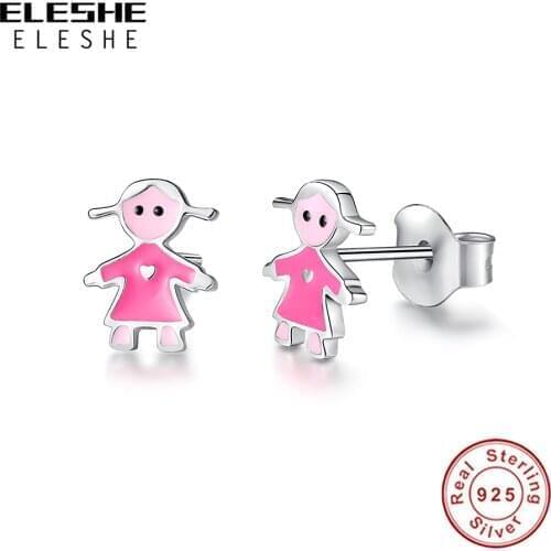 Cute Little Girls Stud Earrings Pink Enamel 925 Sterling Silver Small Earrings For Girls Children Baby Kids Jewelry