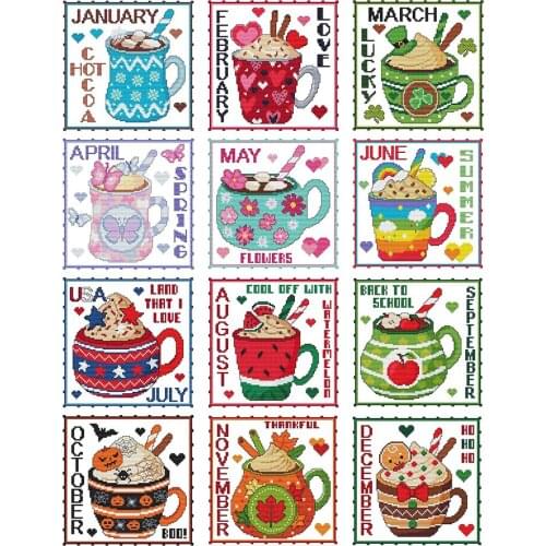 Month Cross Stitch Ecological Cotton 11CT Stamped Embroidery Kits Printed DIY Art Needlework Home Decoration Picture Craft
