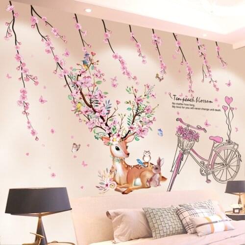 Deer Rabbit Animal Wall Stickers DIY Flowers Wall Decals for Kids Rooms Baby Bedroom Children Nursery Home Decoration Vignette