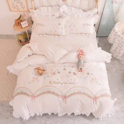 New Luxury White 100% Cotton Stars Love Embroidery Princess Girls Bedding Set Ruffle Duvet Cover Bed Sheet Bed Skirt Pillowcases