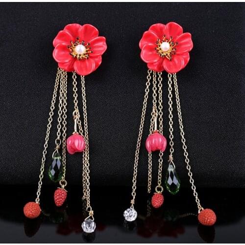 European and American Trend Temperament Korean Personality Wild Red Flower Strawberry Pendant Long Tassel Bridal Stud Earrings