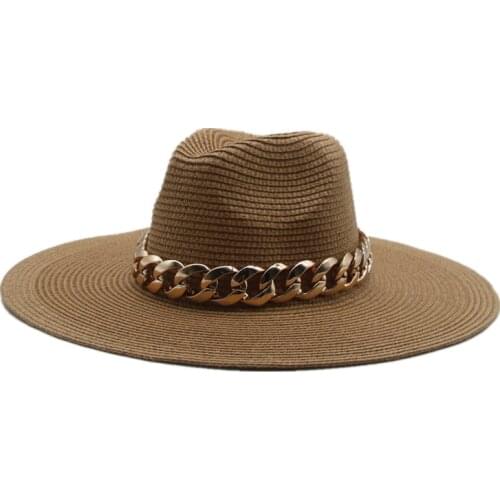 Women hats straw sun protection chain band big brim 11cm summer hats solid khaki black white men caps panama summer women hats