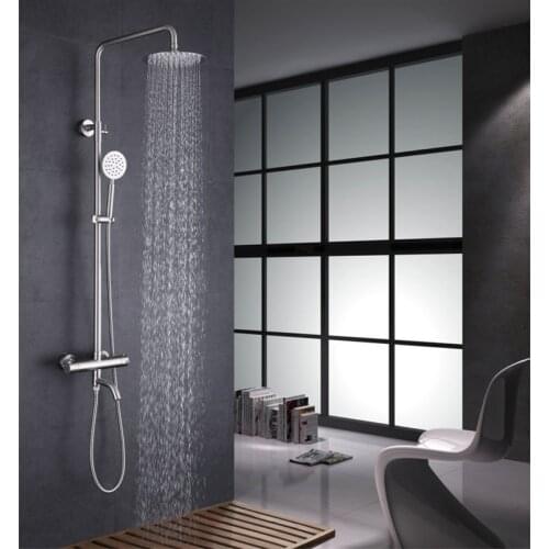 Modern Ultra Thin Brushed 304 Stainless Steel Wall Mount Lifting Shower Set with Thermostatic Valve Dual Handle Shower System