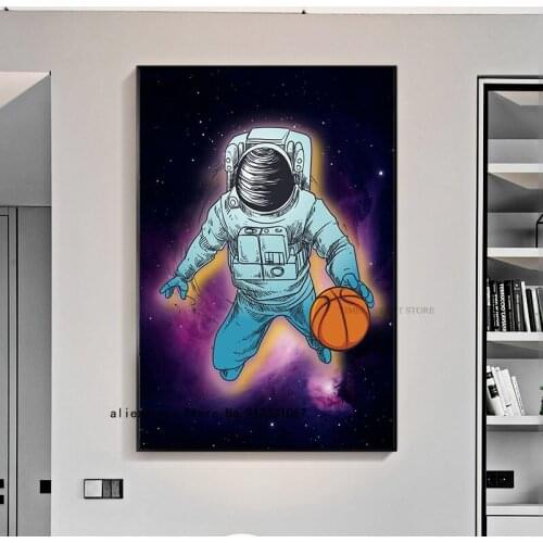 Fun Art Astronaut Playing Basketball In Space Canvas Painting Posters and Prints Wall Art Pictures for Living Room Decoration