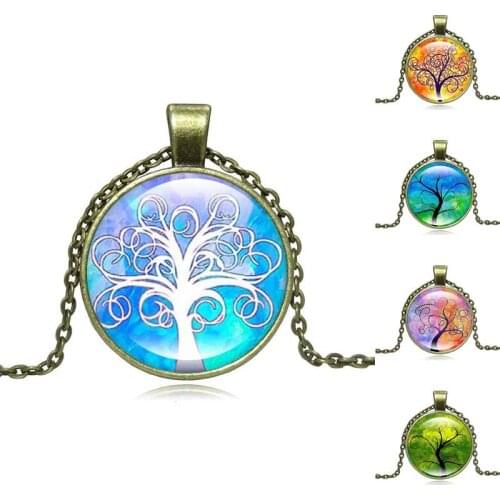Vintage Jewelry Bronze Plated with Tree of Life Shaped Glass Cabochon Choker Long Pendant Necklace for Women Gift