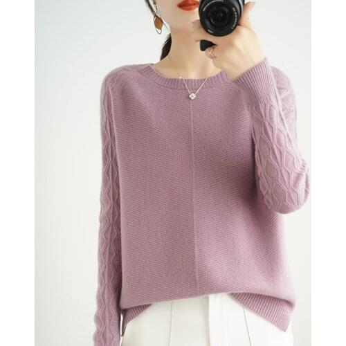 Knit sweater womens 100% pure wool 2021 autumn and winter new round neck loose short pulloverPure color cashmere sweater S-XXL