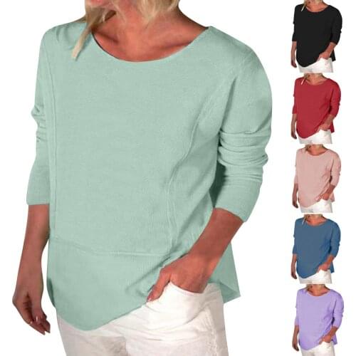 Womens Casual Solid Color O-Neck Long Sleeve Loose Tos femininos Knitted Comfortable Spring and Autumn Clothing Multiple Color