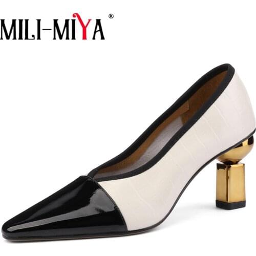 MILI-MIYA Vintage Strange Style Heels Deep V Pumps Woman 2021 Spring Genuine Leather Sexy Pointed Toe Party Basic Women Shoes