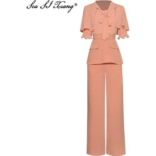 Seasixiang Fashion Designer Summer Suit Womens Cloak Flare Sleeve Sashes Tops + Elastic waist Wide Leg Pants Three-Piece Set