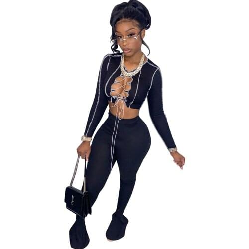 RStylish 2021 Autumn Sexy Patchwork Women Hollow Out Lace Up Bandage Long Sleeve Crop Top Flare Pants Bodycon Two Piece Set