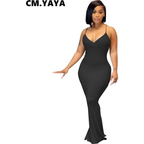 CM.YAYA Women Long Dress Solid Sleeveless Strap V-neck Stretchy Bodycon Maxi Dresses Sexy Night Party Vestidos Summer Outfits