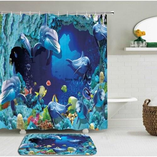 2pcs/set 3d Ocean Life Fish Dolphin Shark Shower Curtain Set Mat Bath Curtains Waterproof Cloth + Non-slip Mat Toilet Bathroom