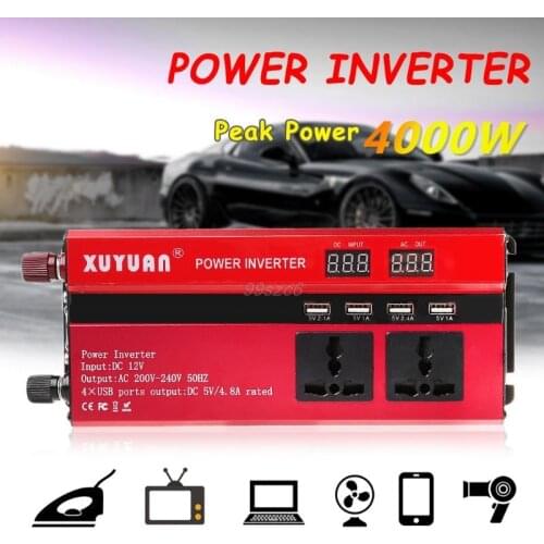 4000W Solar Car Power Inverter LED DC12/24V to AC110/220V Sine Wave Converter 4 USB Interfaces