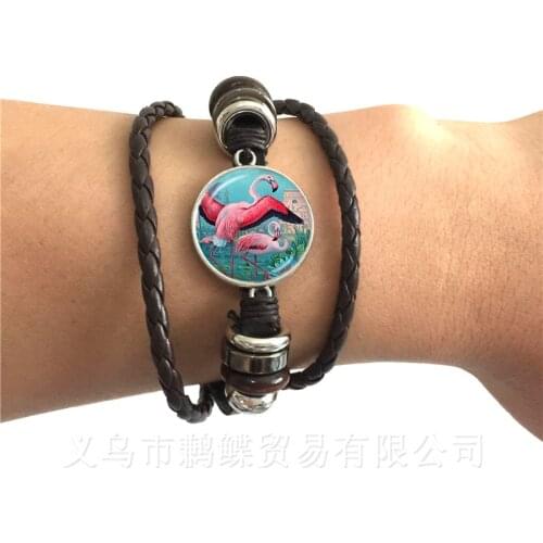 Flamingo Pattern Bracelet New Fashion Round Glass Bird Glass Dome Black/Brown 2 Color Leather Cords Adjustbale Bangle Gift