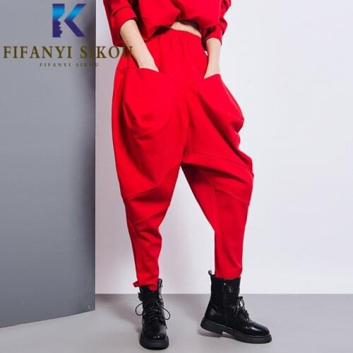 Streetwear Fashion High waist Harem Pants Women Big Pocket Elastic Waist Loose Long Trousers Casual Joggers Women Pencil pants