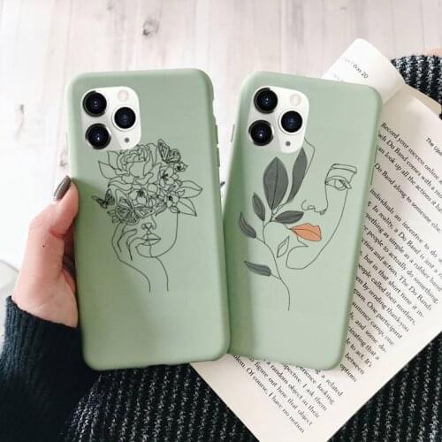 Art line Retro Abstract Geometry leaves Phone Case Green Candy Color for iPhone 11 12 mini pro XS MAX 8 7 6 6S Plus X SE 2020 XR