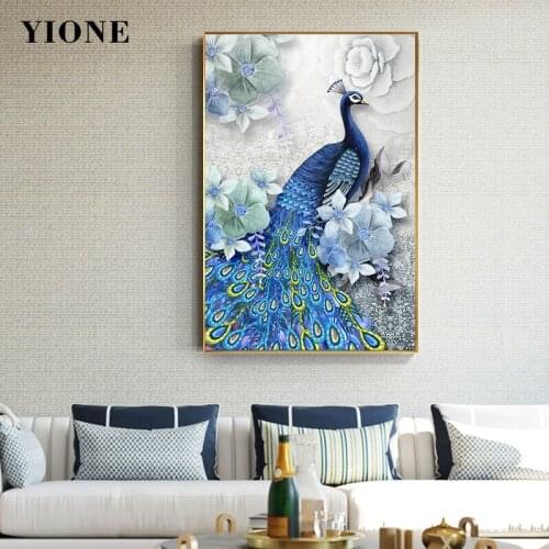 Blue Flower Peacock Canvas Painting Vintage Luxury Vase Plants Animal Wall Art Picture for Living Room Home Posters and Prints