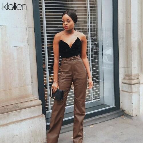 KLALIEN Autumn Fashion High Waist Straight Trousers Women Pu Leather Solid Wide Leg Pants 2020 Street Wild Female Bottom