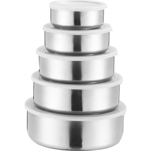 5Pcs Stainless Steel Preservation Box Round Sealing Bowls Food Container with Lid Silver