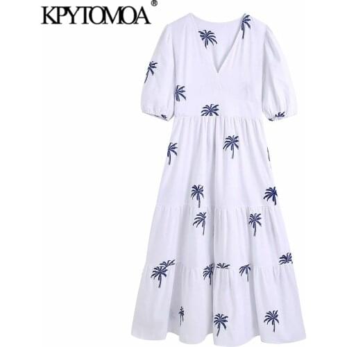 KPYTOMOA Women 2021 Chic Fashion Patchwork Embroidery White Midi Dress Vintage Short Sleeve Back Smocked Female Dresses Vestidos