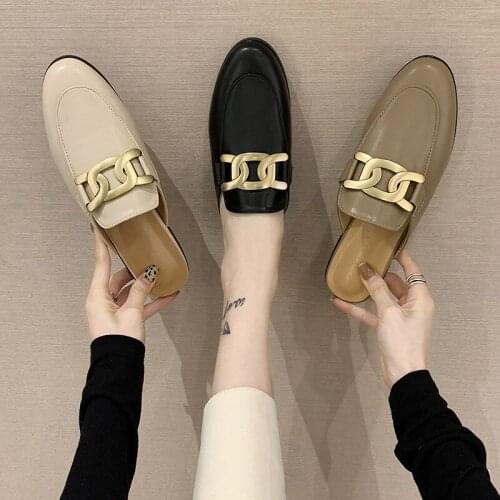 Round Toe metal chain mules women slippers summer beach shoes woman flip flops sandalias flat cover toe slides plus size 34-43