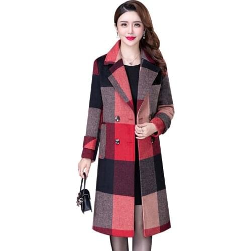 Autumn Winter Jacket Womens Plaid Woolen Coat New Korean Middle-aged Casual Wool Jackets Female Outerwear Overcoat Tops T209