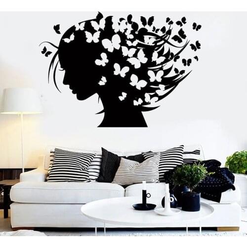 Beautiful Girl Wall Stickers Vinyl Window Decal Woman Silhouette Hairstyle Butterfly Hair Salon Girls Bedroom House Decor S1335