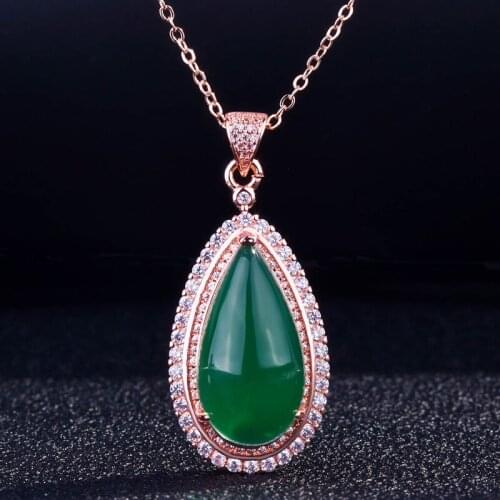 Classic Water Drop Pendant Necklace With Green Natural Stone Rose Golden Fine Jewelry For Women Engagement Best Anniversary Gift