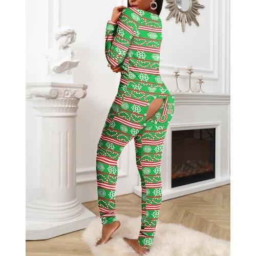 2021 New Christmas One Piece Suits Print Green Functional Buttoned Flap Sleepwear Adults Pajamas Festive Female Long Jumpsuit