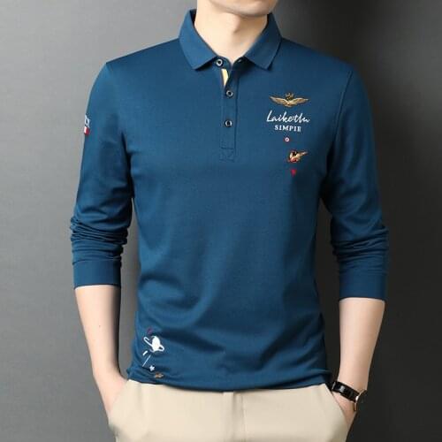 2021 Autumn New Style Pure Cotton Polo Shirt Mens Business Casual Embroidery Lapel Breathable Long-Sleeved Shirt Men