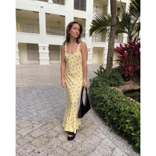 New Women Sleeveless Dress Adults Sexy Floral Print U-Shaped Neck Yellow Black For Summer Skin-Friendly And Comfortable S-XL