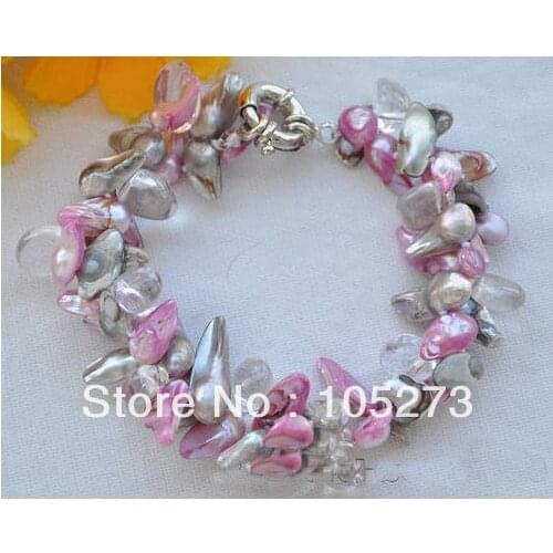 Wholesale Pearl Jewelry 8'' Natural Baroque Tail Gray Pink Color Freshwater Pearl Crystal Beads Bracelet 10-16MM New Free Ship