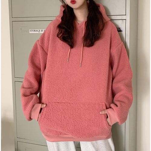 Autumn WomenS Thick Warm Velvet Cashmere WomenS Hooded Sweater Solid Color Pullover Loose Ladies Full-Sleeved Top
