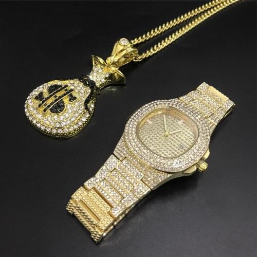 Luxury Men Gold Color Watch Hip Hop Men Cuban Necklace & Watch Combo Set Ice Out Cuban Watch Hip Hop Jewerly Set For Men