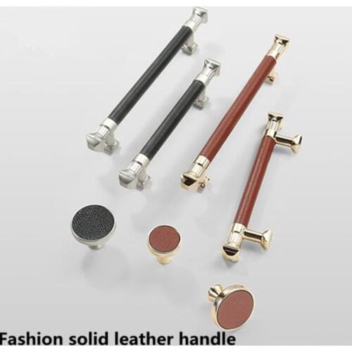 96 128 192mm modern fashion brown black leather furniture handle gold stain nickel wardrobe wine cabinet cupboard drawer pull 5"