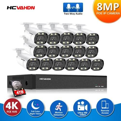 HCVAHDN 4K Audio POE CCTV Camera System 16CH NVR Kit Indoor Outdoor Video Surveillance Camera Security System Set Onvif